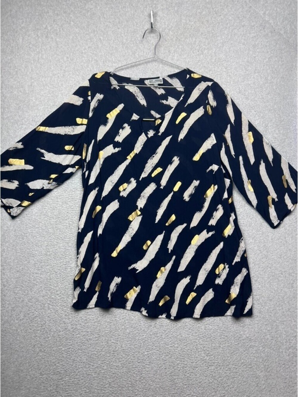JM Collection Woman 1X Blouse Navy Gold Metallic Foil Brushstroke Tunic Top Part